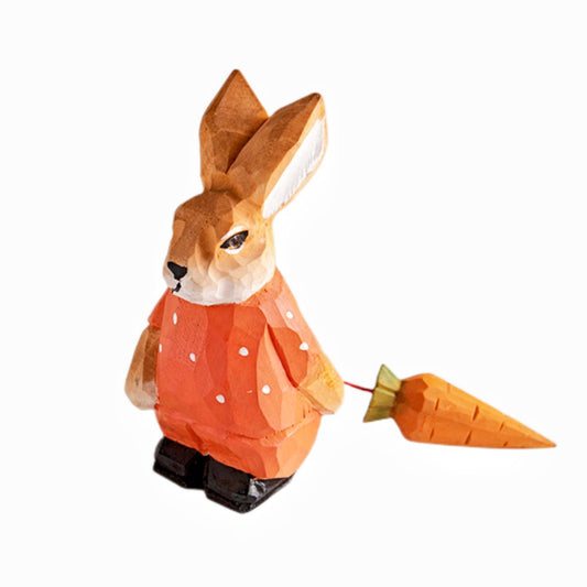 Bunny With Carrot Hand-Carved Figurine - Wooden Islands
