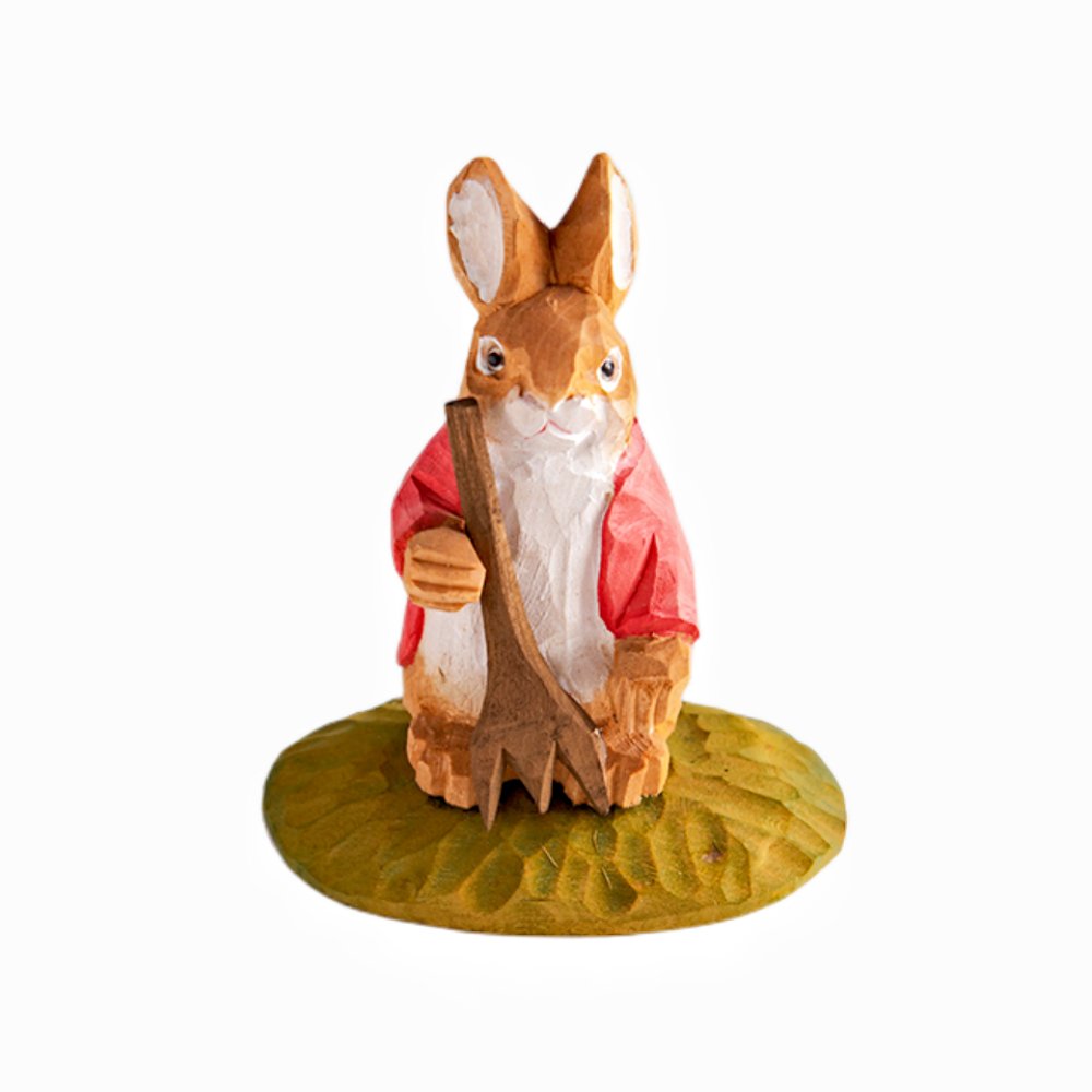 Bunny With Digging Fork Hand-Carved Figurine - Wooden Islands