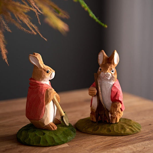 Bunny With Shovel Hand-Carved Figurine - Wooden Islands