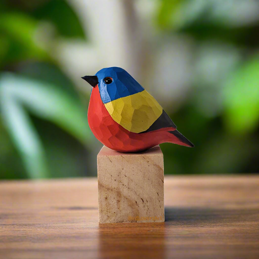 Bunting Figurine Hand Carved Painted Wooden Bird - Wooden Islands