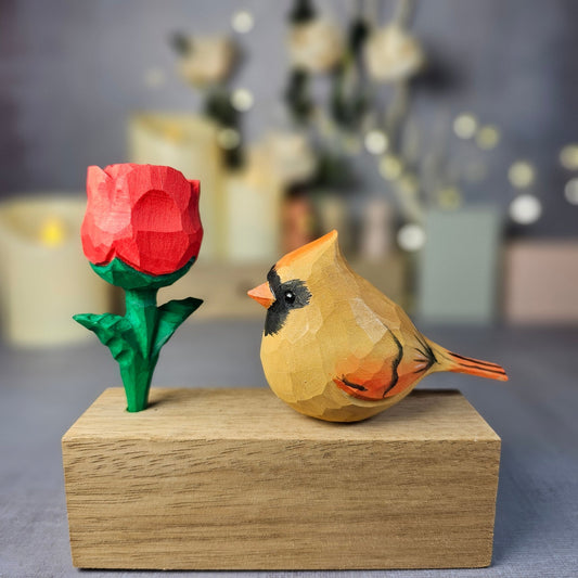 Female Cardinal with Rose - Wooden Islands