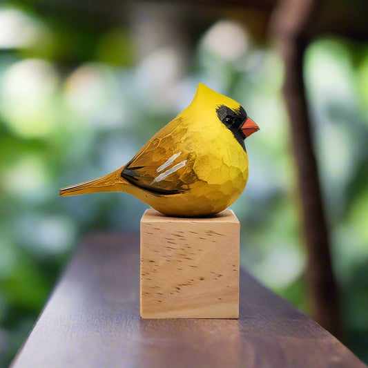 Golden Cardinal Bird Wood Figurine Hand Carved And Painted - Wooden Islands