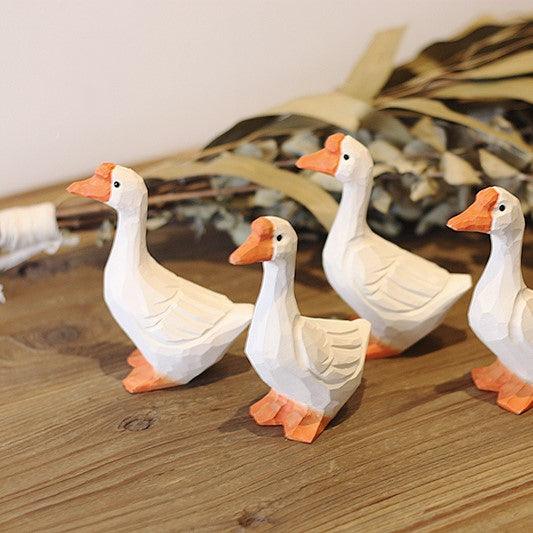 Goose Figurines Hand Carved Painted Wooden - Wooden Islands
