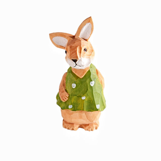 Green apron Bunny Figurine Hand-Carved - Wooden Islands