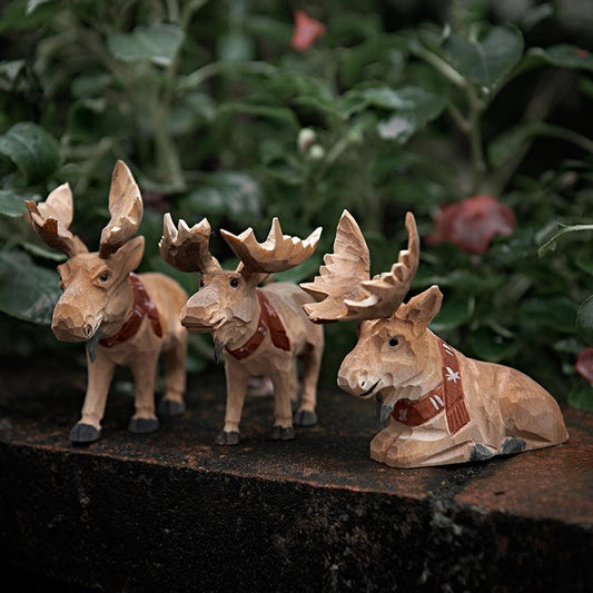 MOOSE Figurines | Hand Carved Painted Wooden Statue Home Decor sculpture Christmas ornaments - Wooden Islands