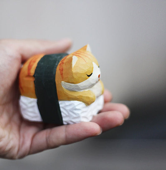 Quirky Sushi Cat Figurine - Hand-Painted Wooden Sculpture for Feline & Food Lovers - Wooden Islands
