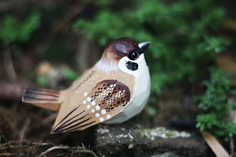 Sparrow Wooden Bird Figurine Hand Carved Painted - Wooden Islands