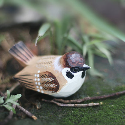 Sparrow Wooden Bird Figurine Hand Carved Painted - Wooden Islands