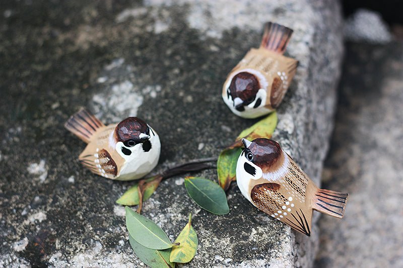 Sparrow Wooden Bird Figurine Hand Carved Painted - Wooden Islands