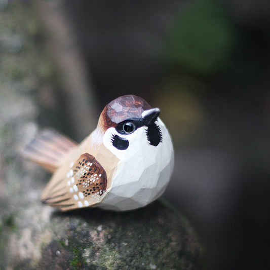 Sparrow Wooden Bird Figurine Hand Carved Painted - Wooden Islands