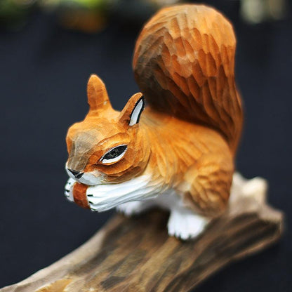 Squirrel With Wood Stand Sculpted Hand-Painted Animal Wood Figure - Wooden Islands