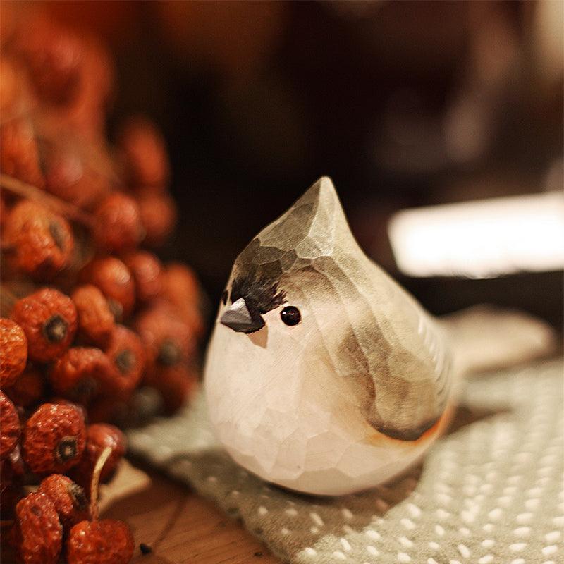 Tufted Titmouse Figurines Hand Carved Painted Wooden - Wooden Islands