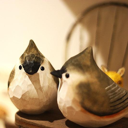 Tufted Titmouse Figurines Hand Carved Painted Wooden - Wooden Islands
