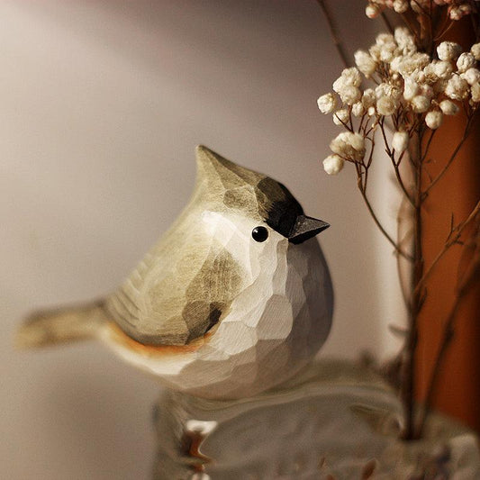 Tufted Titmouse Figurines Hand Carved Painted Wooden - Wooden Islands
