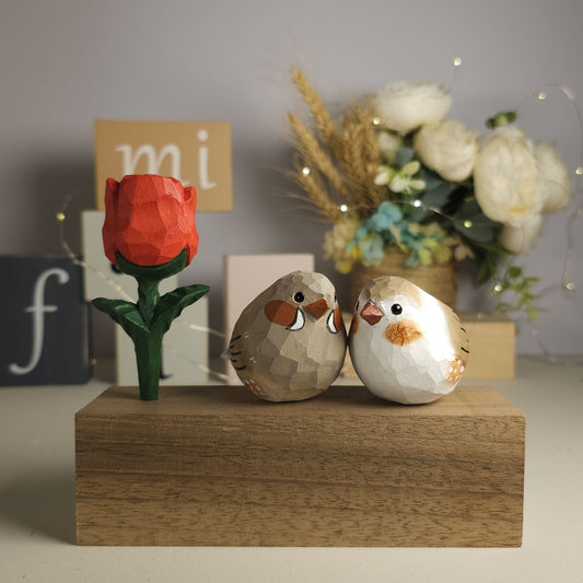 Zebra Finch Couple Figurine with Wooden Rose - Wooden Islands