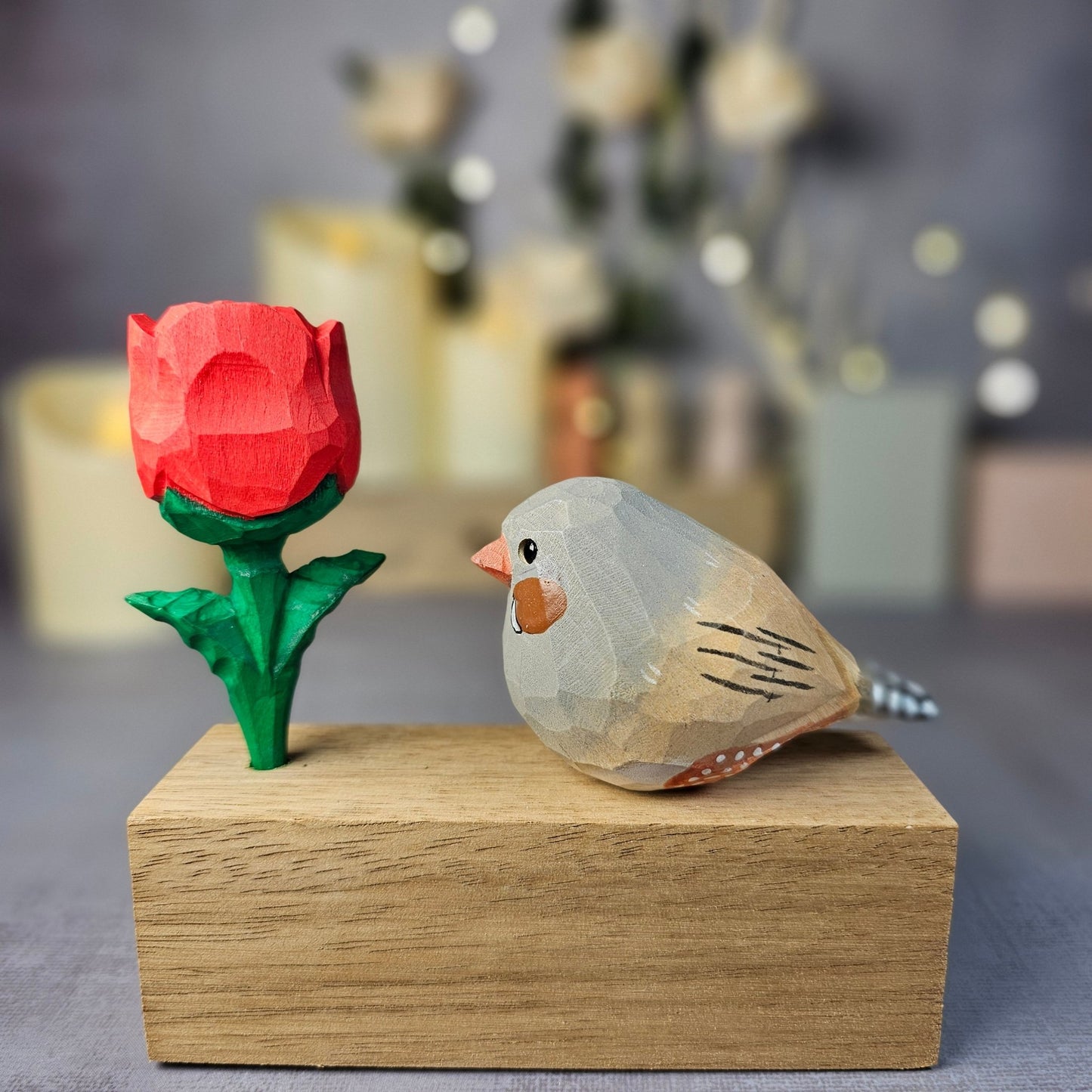 Zebra Finch with Rose - Wooden Islands