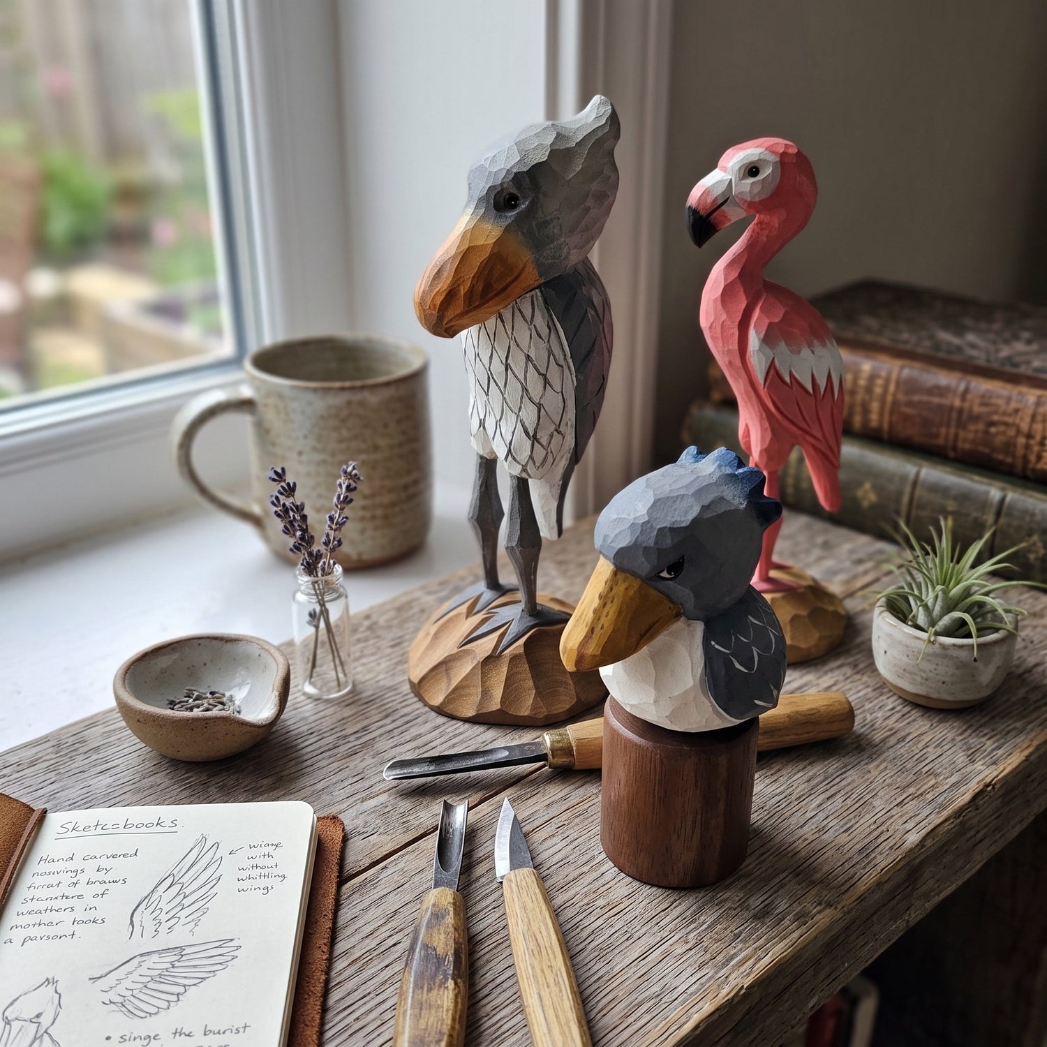 Hand-carved wooden African bird figurines including a Shoebill, Flamingo, and Baby Shoebill displayed on a rustic wooden table with art supplies, sketches, and a ceramic mug.