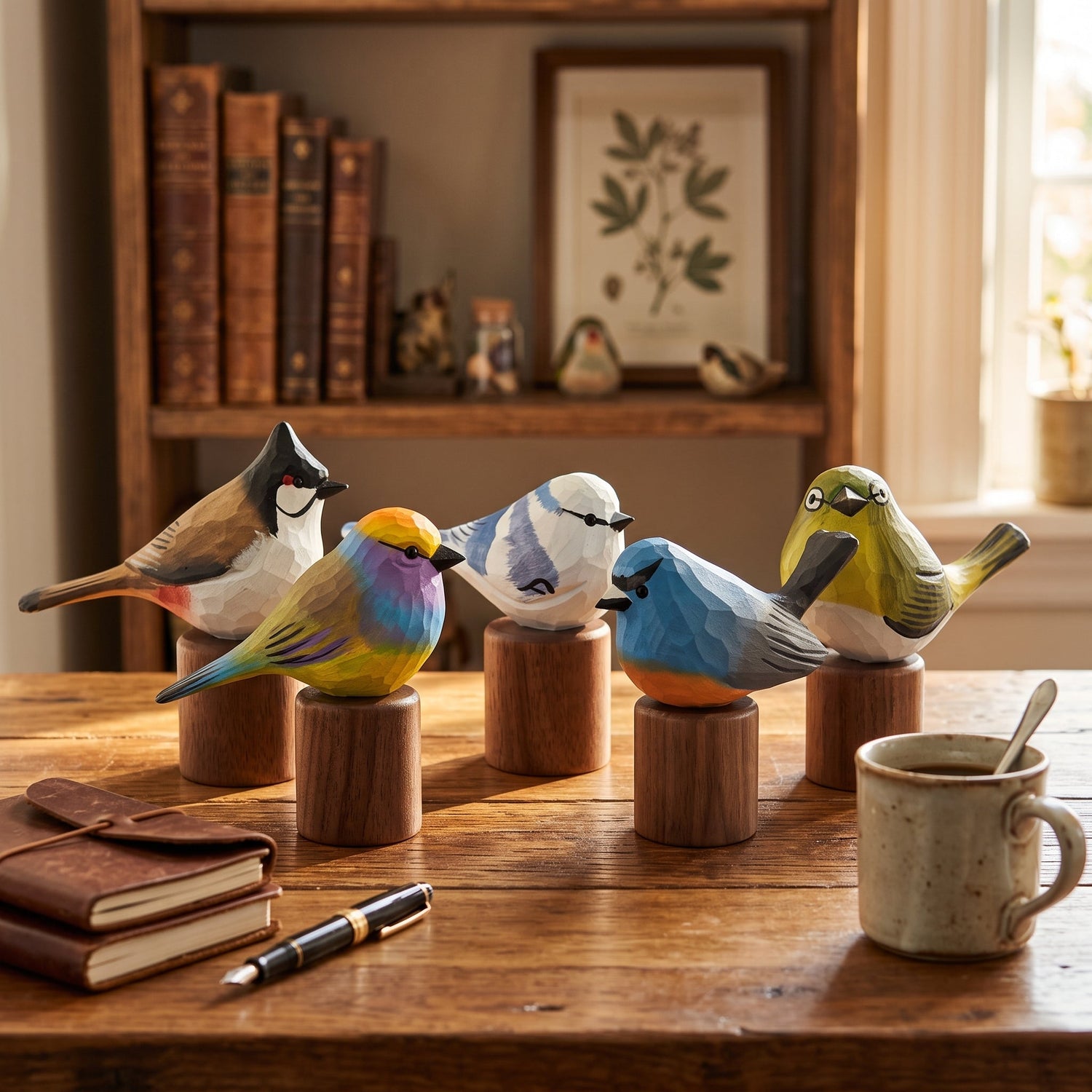 Collection of hand-carved wooden bird figurines including the Sultan Tit, White-browed Tit-warbler, Azure Tit, and other songbirds on cylindrical black walnut bases displayed together on a rustic wooden table with a notebook and coffee mug.