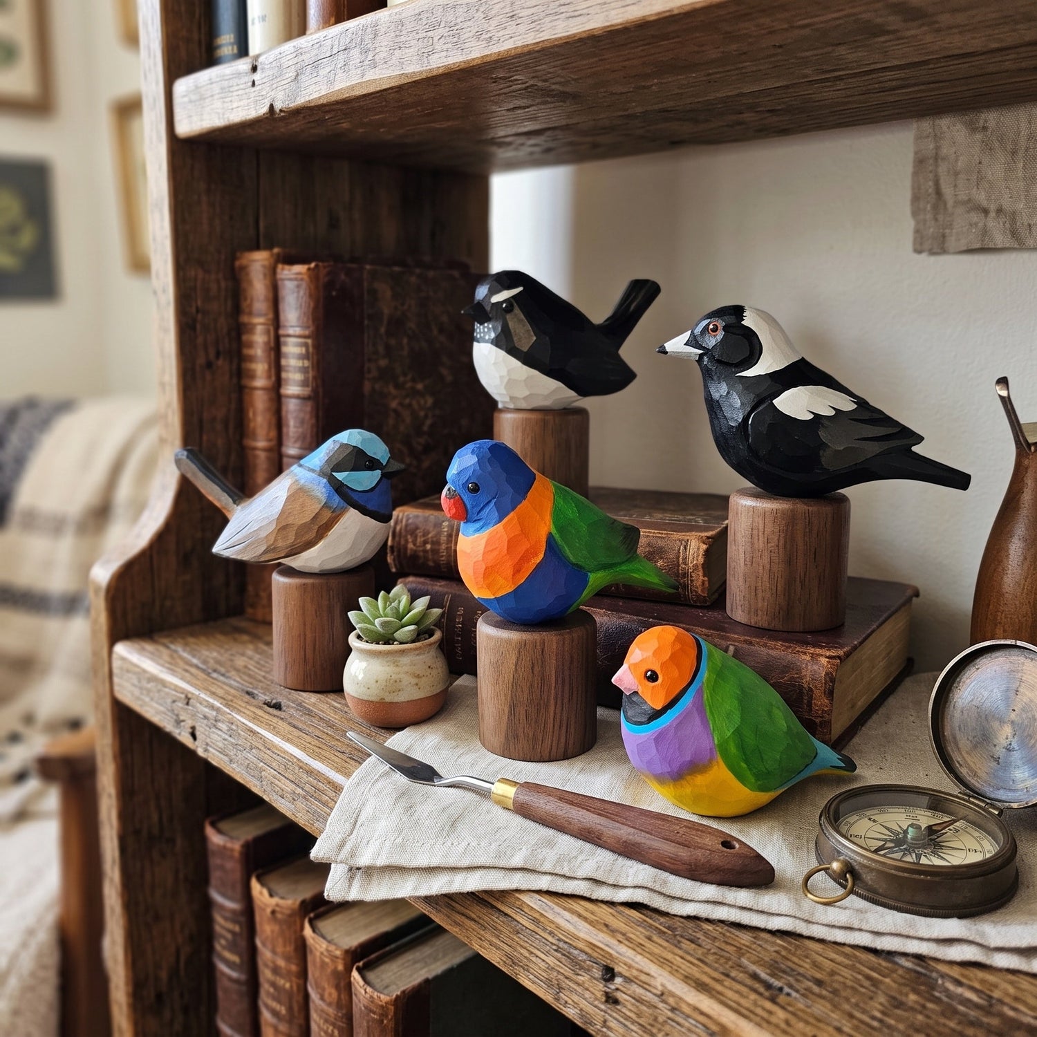 Collection of hand-carved wooden Australian bird figurines—including a Superb Fairywren, Rainbow Lorikeet, Australian Magpie, Willie Wagtail, and Gouldian Finch—displayed on a rustic rustic wooden shelf with books.