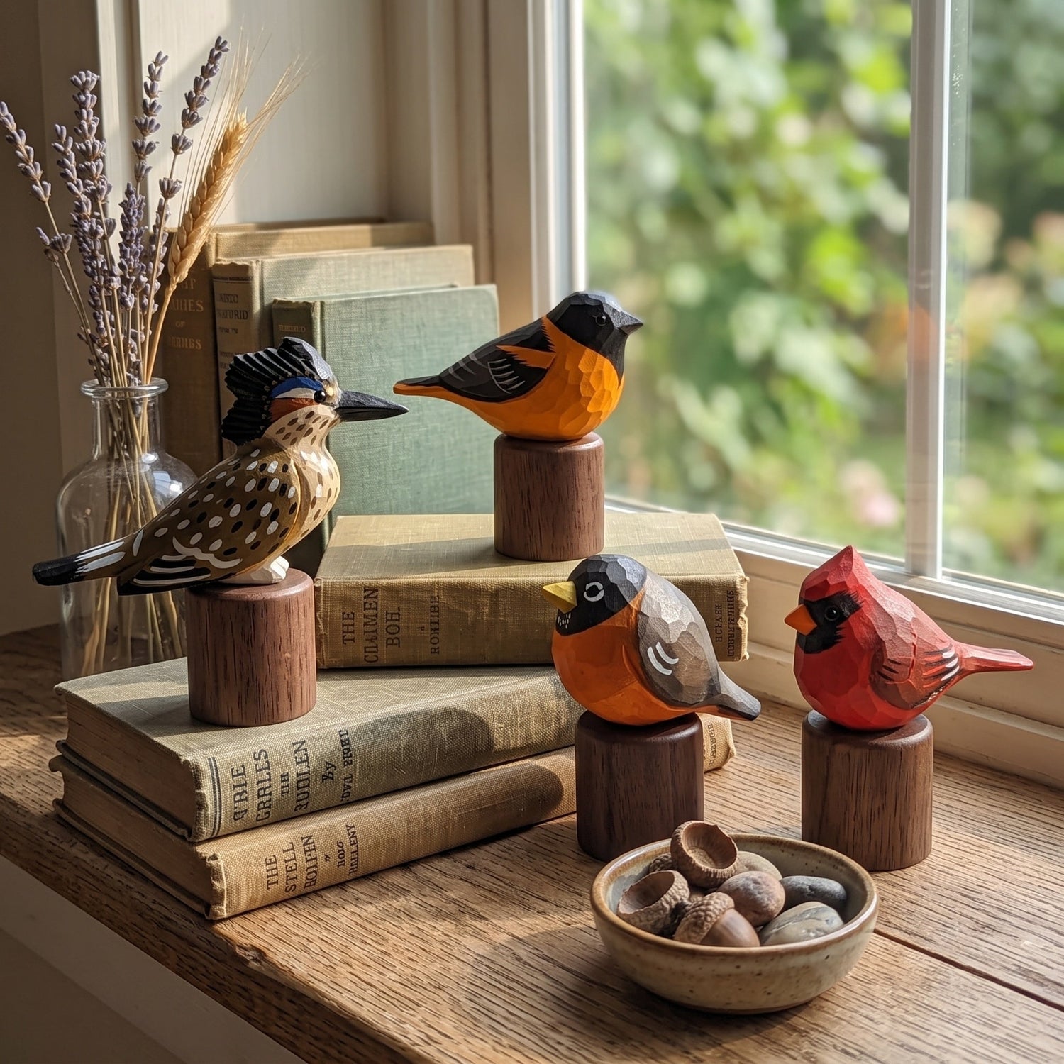 Collection of hand-carved wooden North American bird figurines—including a Baltimore Oriole, Northern Cardinal, American Robin, and Greater Roadrunner—displayed on stacks of vintage books by a sunlit windowsill.