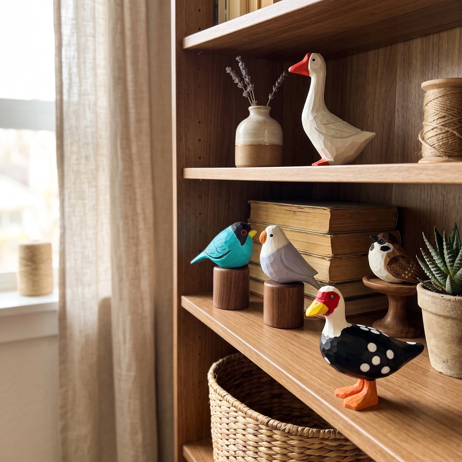 Collection of hand-carved wooden bird figurines including a white-bodied Muscovy duck, a colourful White-browed Tit-warbler, and other handcrafted basswood sculptures displayed together on a wooden bookshelf.