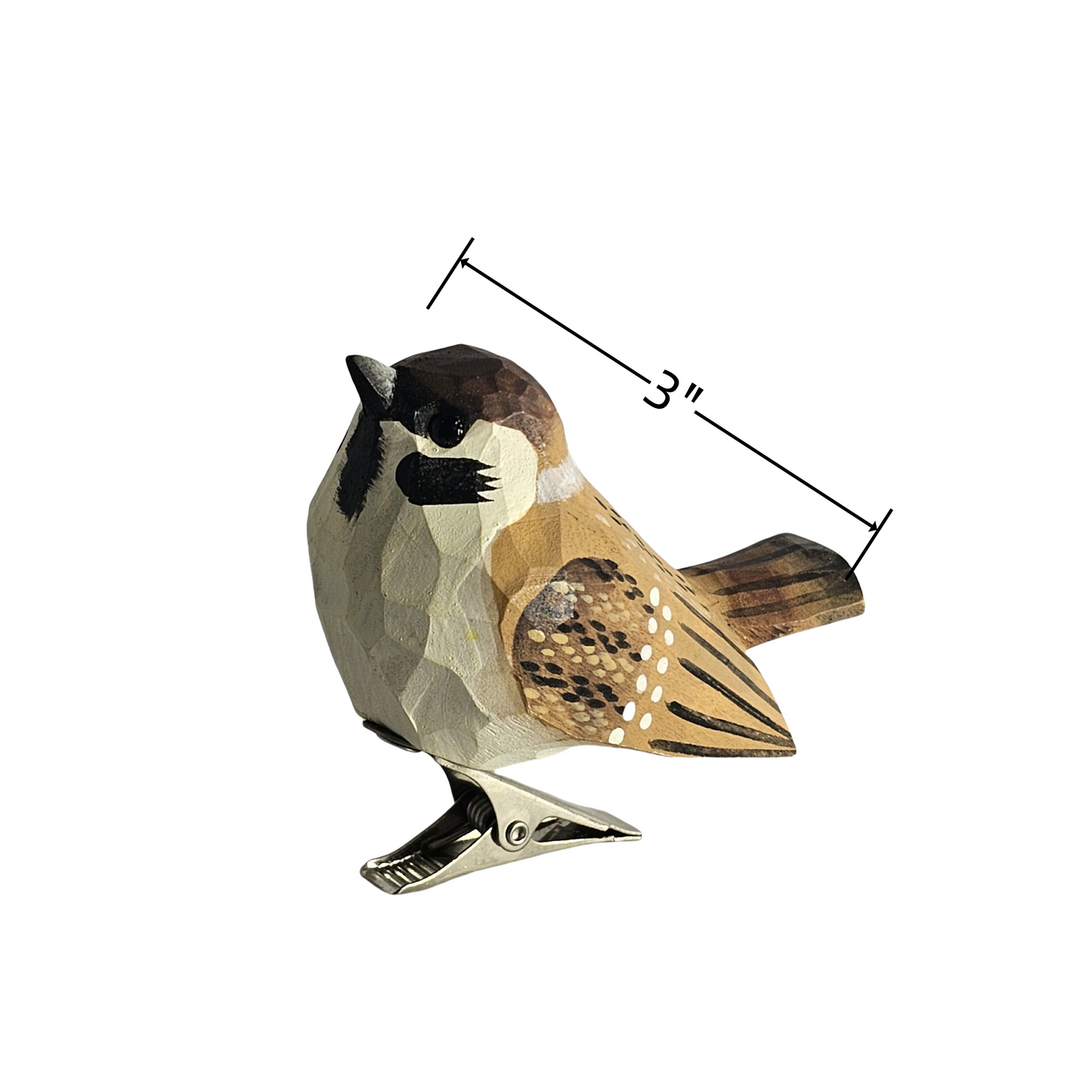 Hand-carved wooden sparrow clip-on ornament with 3-inch length dimension line
