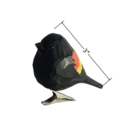 Hand-Carved Red-Winged Blackbird Clip-On Bird Ornament | Basswood | 3" Handmade Wood Sculpture