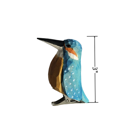 A hand-carved wooden kingfisher clip-on ornament shown in profile against a plain white background, with a dimension line indicating its height of 3 inches.