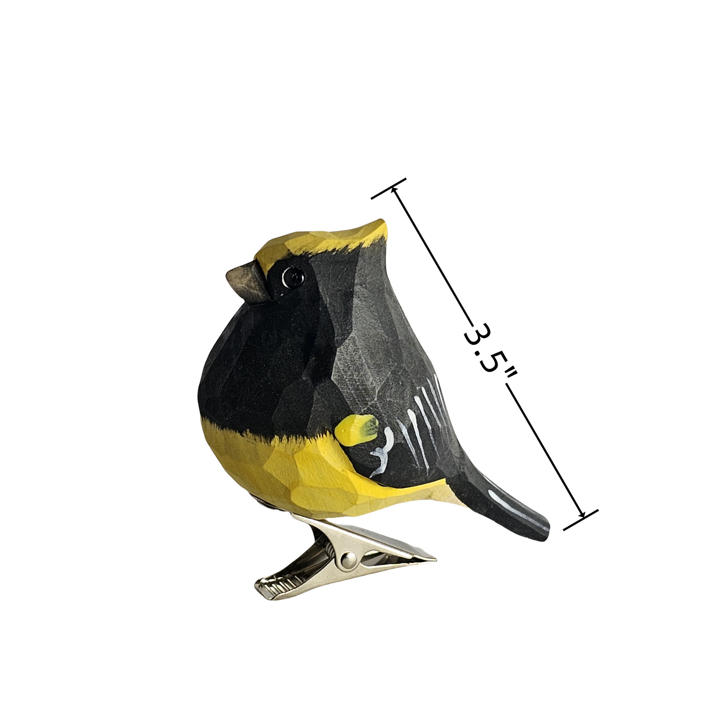 Hand-carved wooden Sultan Tit clip-on bird-shaped metal clip with a black, yellow, and gray painted design, shown on a white background with a dimension line indicating a height of 3.5 inches.