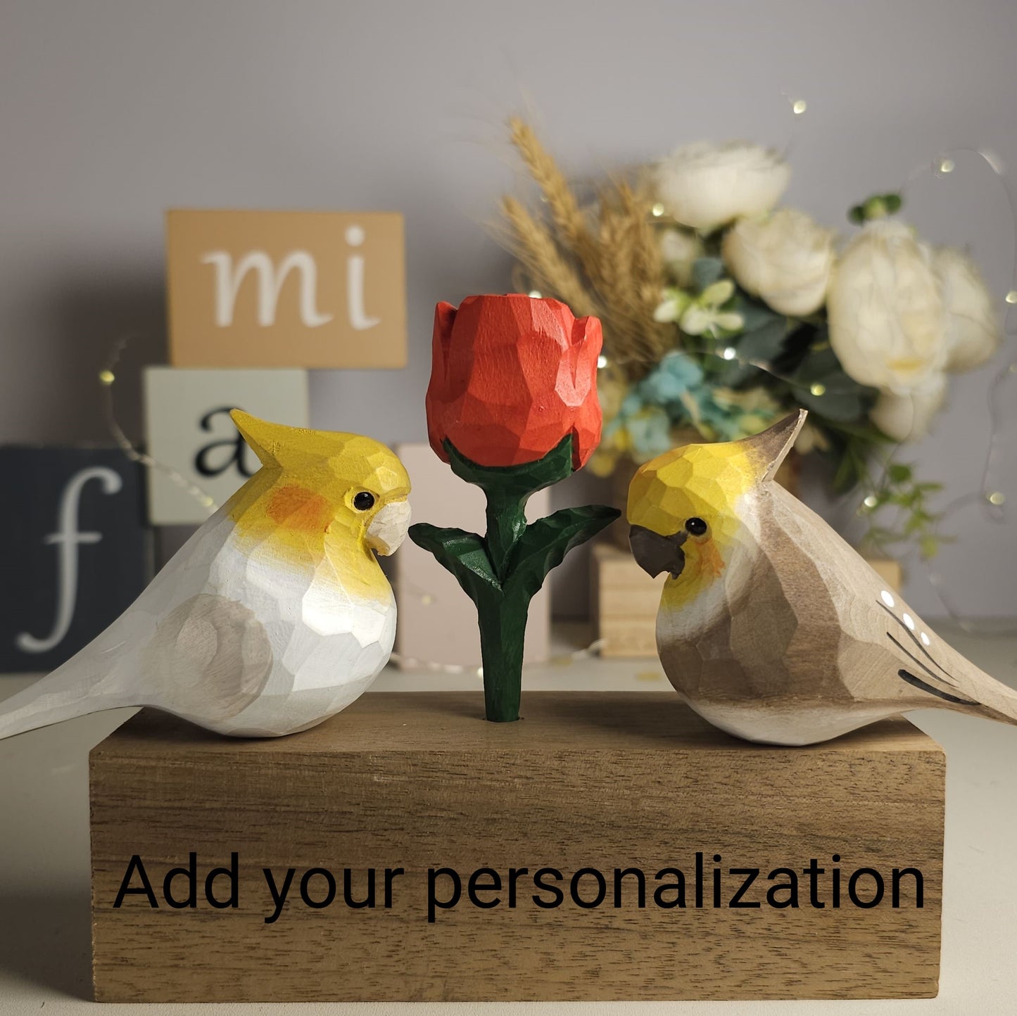 Cockatiel Couple Figurine with Wooden Rose