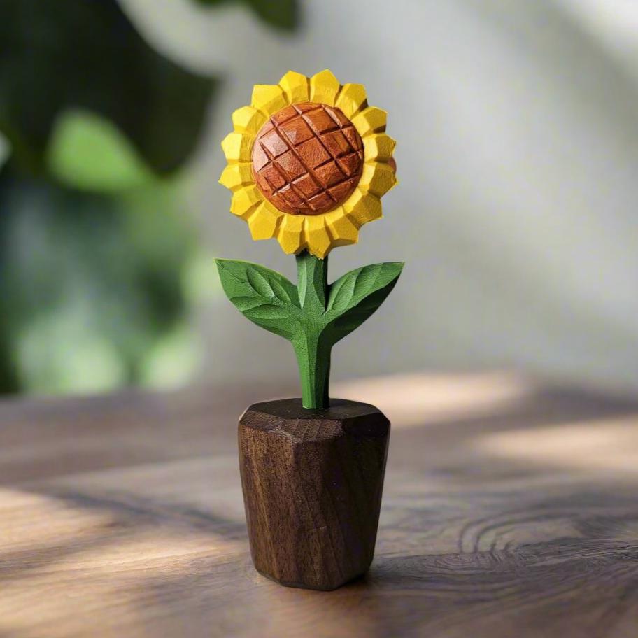 Elegant Sunflower Wooden Sculpture | Hand-Carved & Painted With Gift Box Packing