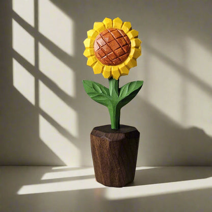 Elegant Sunflower Wooden Sculpture | Hand-Carved & Painted With Gift Box Packing