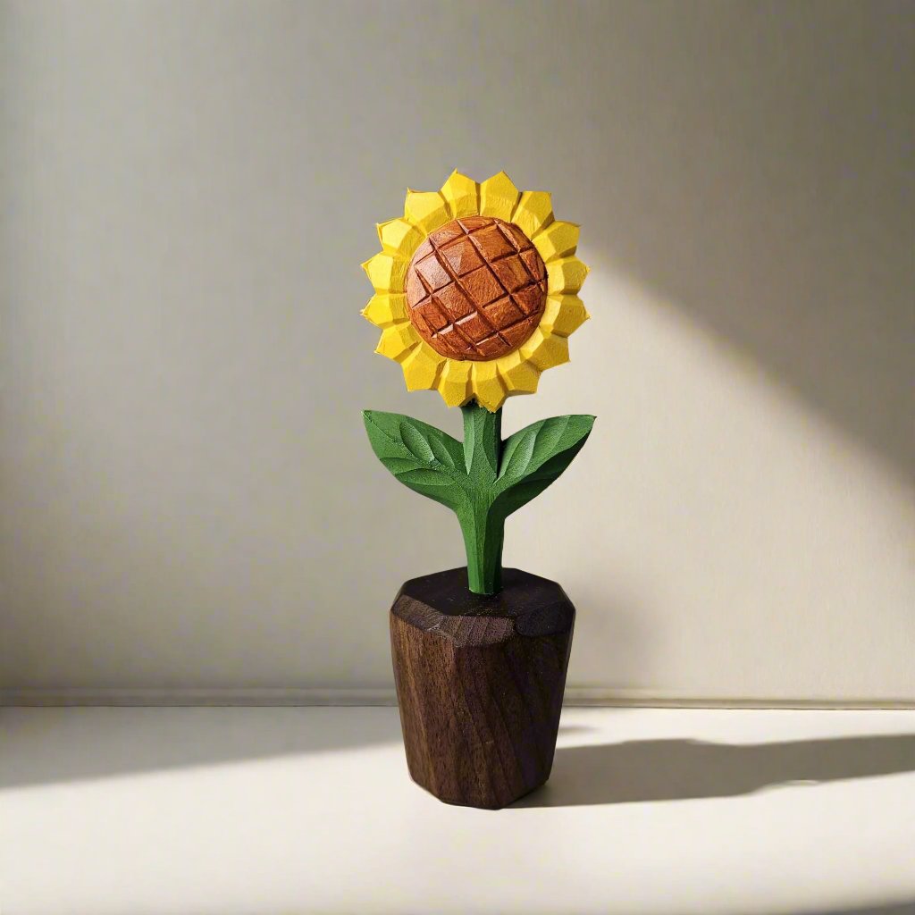 Elegant Sunflower Wooden Sculpture | Hand-Carved & Painted With Gift Box Packing