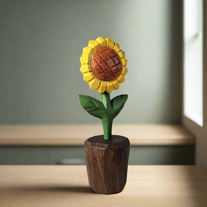 Elegant Sunflower Wooden Sculpture | Hand-Carved & Painted With Gift Box Packing