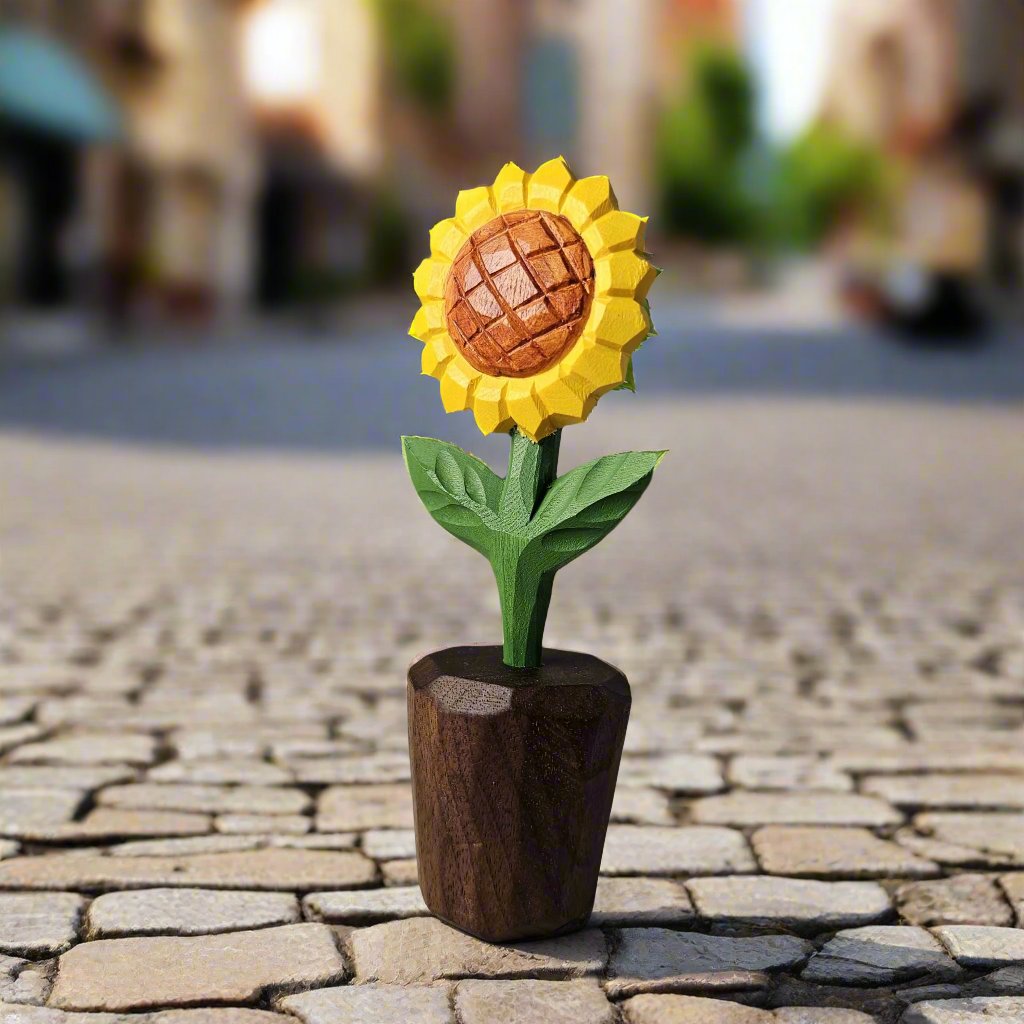 Elegant Sunflower Wooden Sculpture | Hand-Carved & Painted With Gift Box Packing