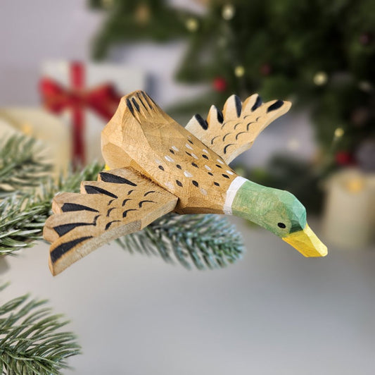Hand-Carved Flying Mallard Clip-On Bird Ornament | Basswood | 4" Handmade Wood Sculpture
