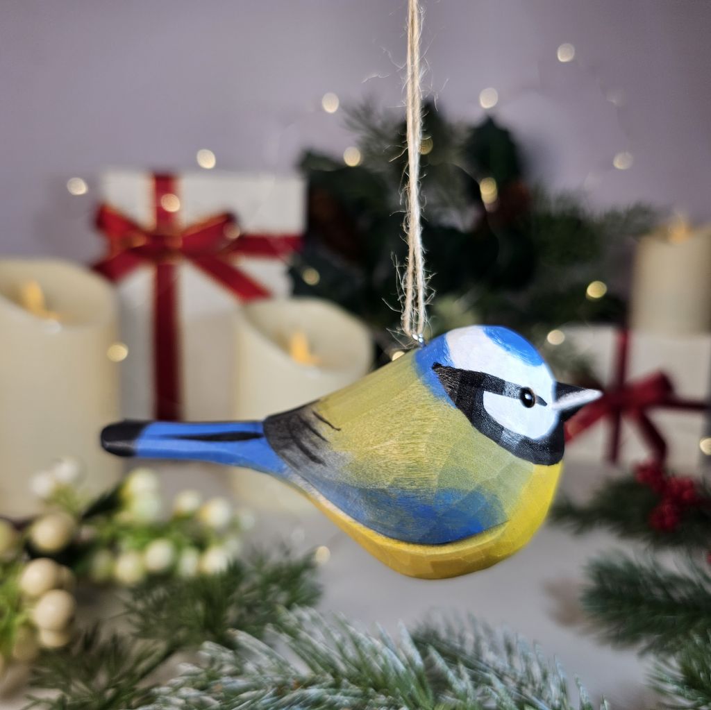 Eurasian Blue Tit Wooden Hanging Christmas Tree Ornament