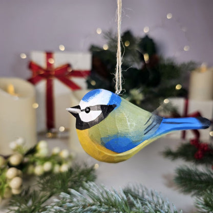 Eurasian Blue Tit Wooden Hanging Christmas Tree Ornament