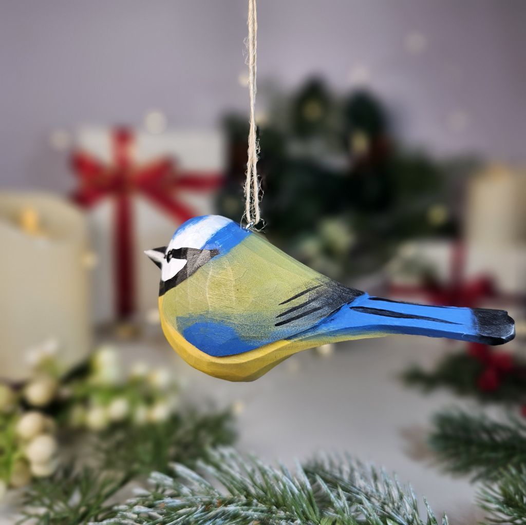 Eurasian Blue Tit Wooden Hanging Christmas Tree Ornament