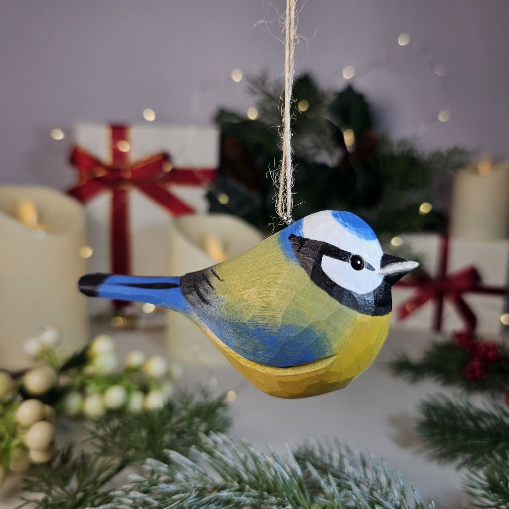 Eurasian Blue Tit Wooden Hanging Christmas Tree Ornament