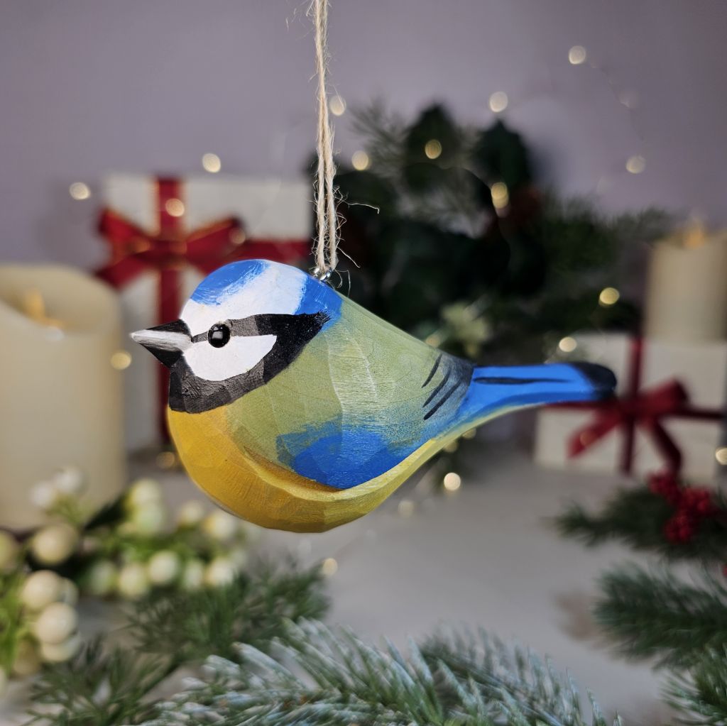 Eurasian Blue Tit Wooden Hanging Christmas Tree Ornament