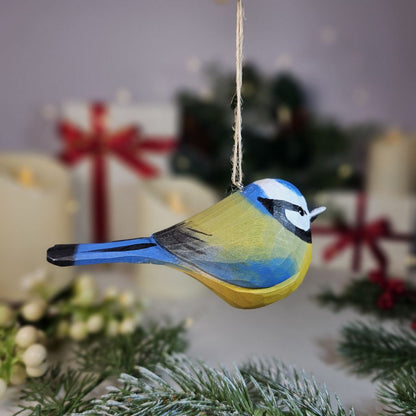 Eurasian Blue Tit Wooden Hanging Christmas Tree Ornament