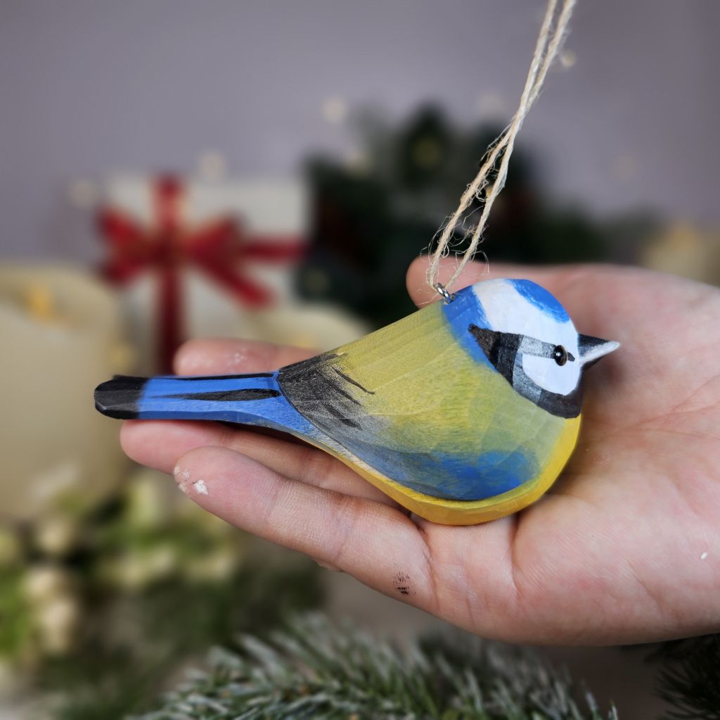 Eurasian Blue Tit Wooden Hanging Christmas Tree Ornament