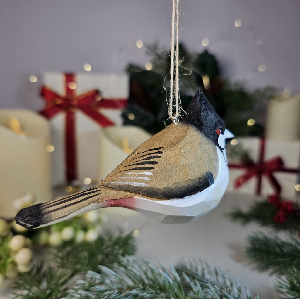 Red-whiskered Bulbul Wooden Hanging Christmas Tree Ornament