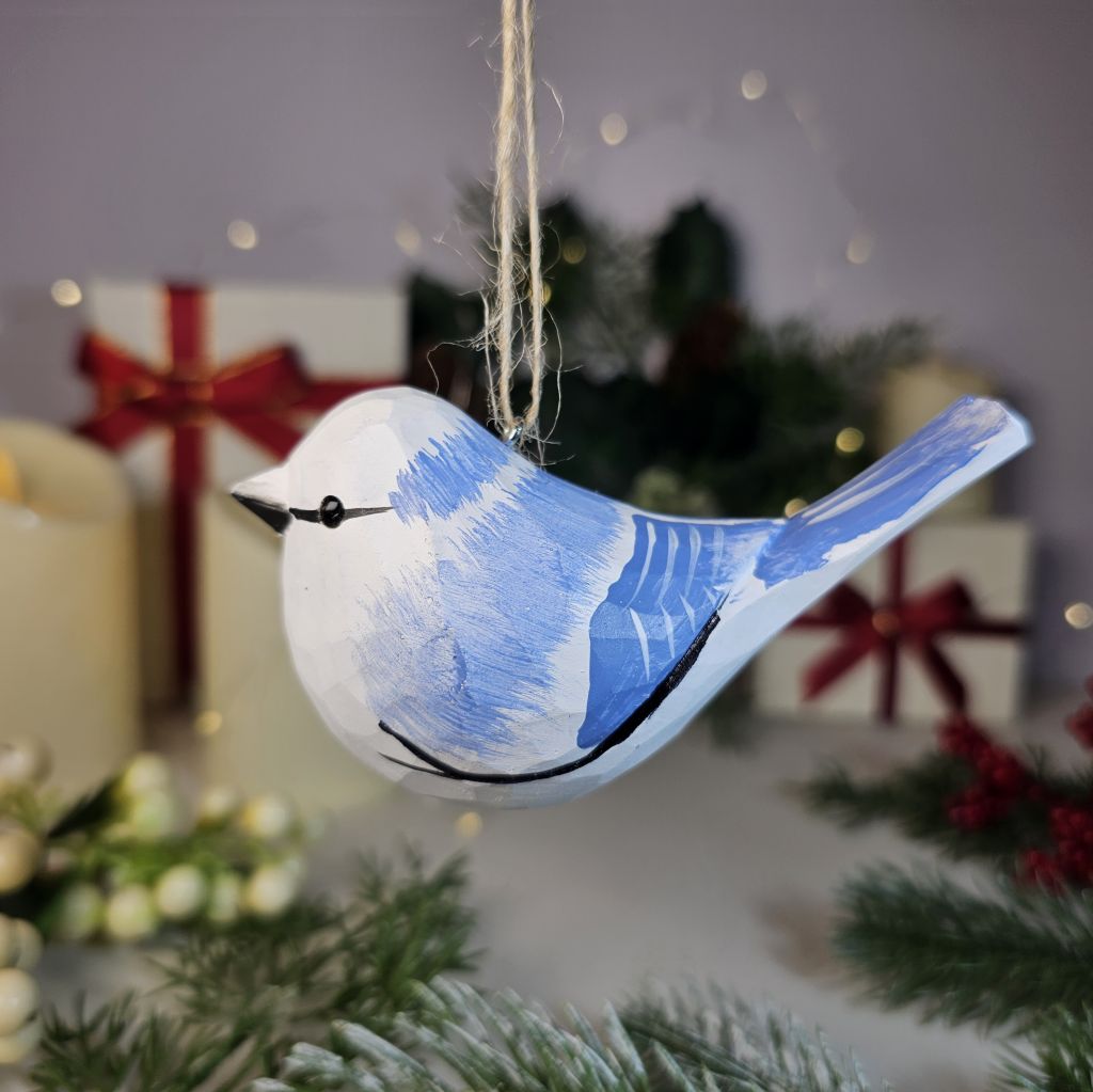 Azure Tit Wooden Hanging Christmas Tree Ornament