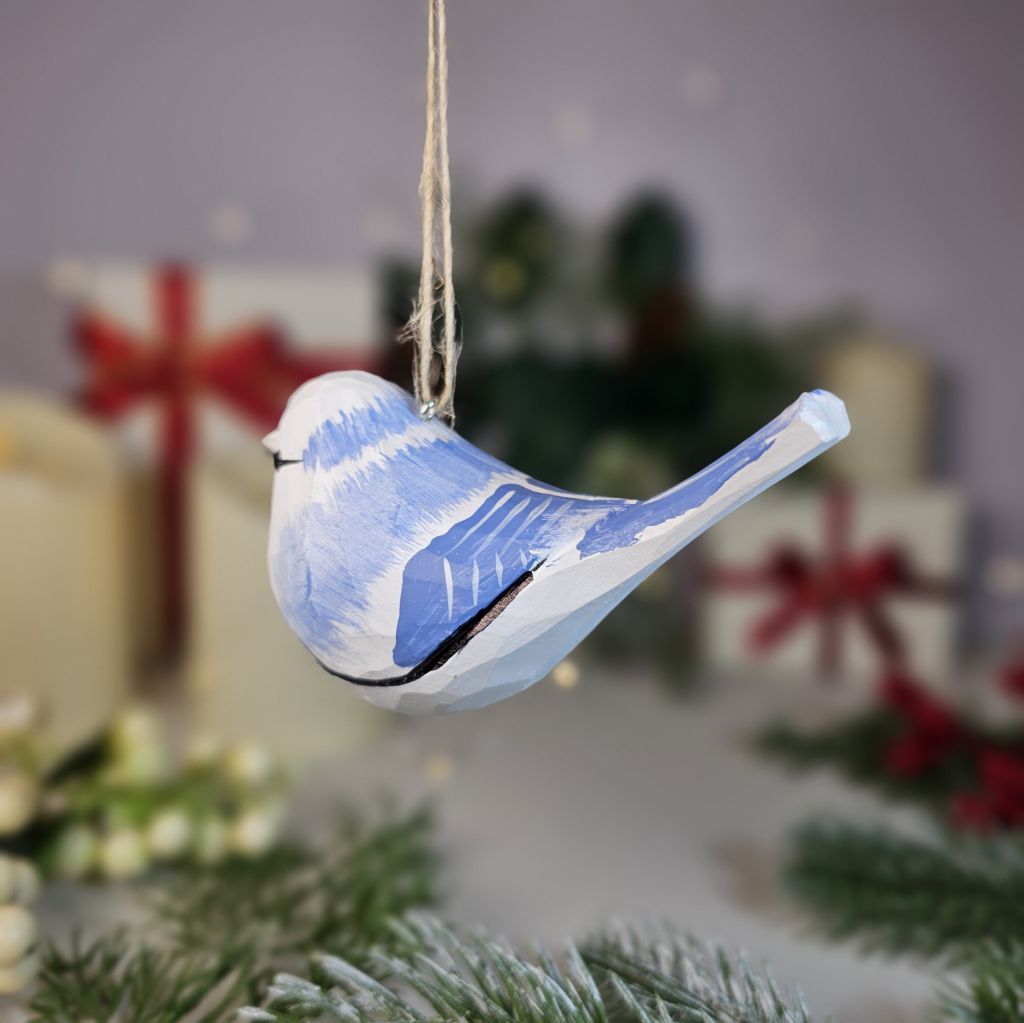 Azure Tit Wooden Hanging Christmas Tree Ornament