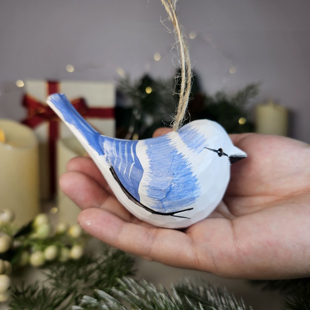 Azure Tit Wooden Hanging Christmas Tree Ornament