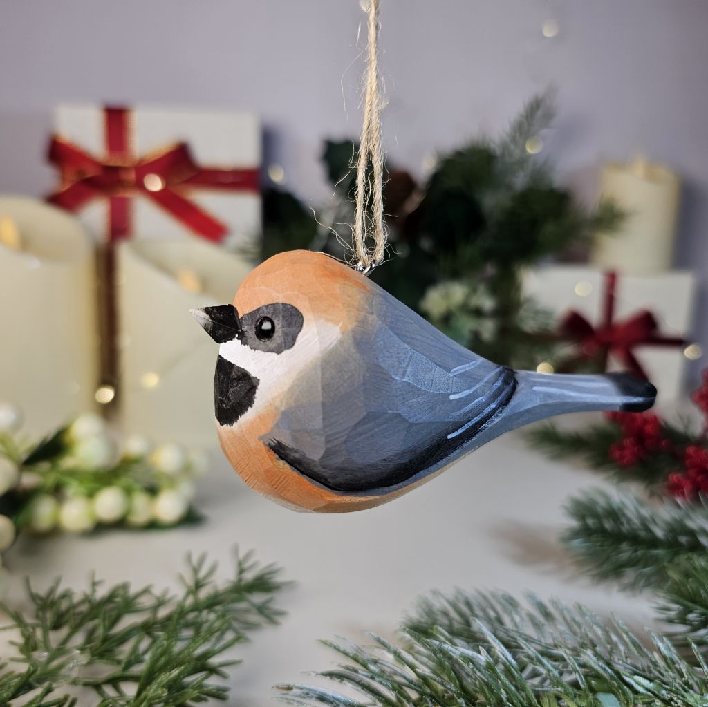 Black-throated Bushtit Wooden Hanging Christmas Tree Ornament