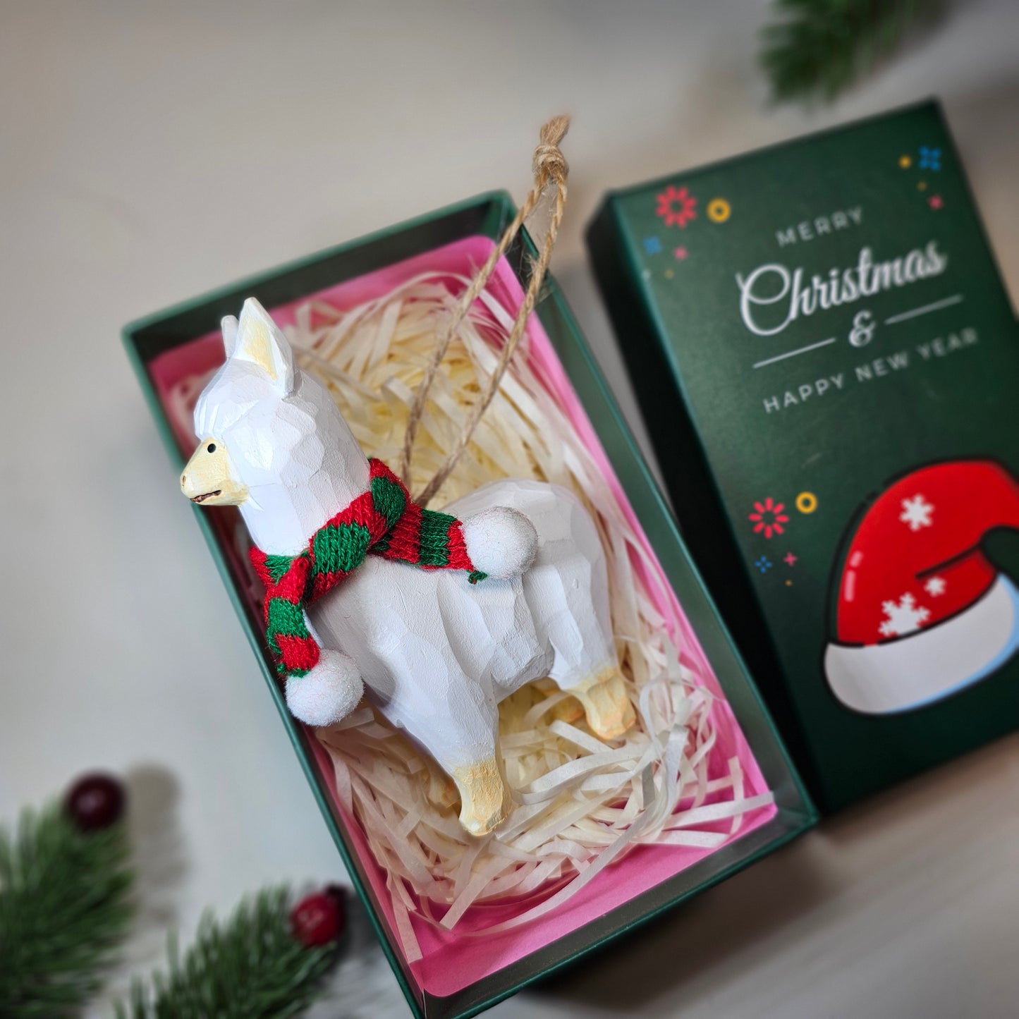 Alpaca with Scarf Hanging Christmas Tree Ornament – Gift Box Included