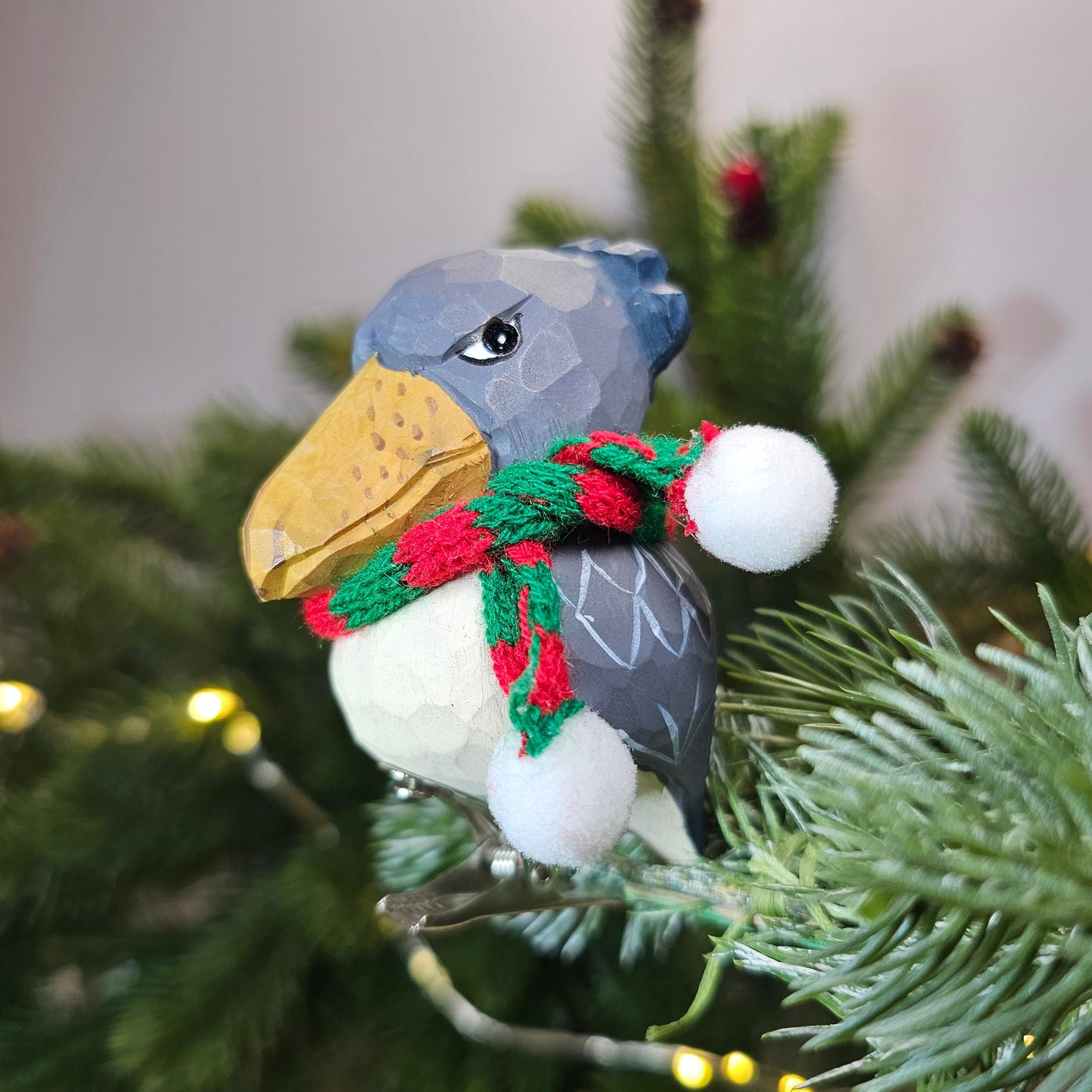 Shoebill Wooden Clip-On Christmas Tree Ornaments – Includes Mini Hat, Scarf & Gift Box